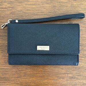 kate spade Black Saffiano Leather Wristlet Clutch with Gold Plaque